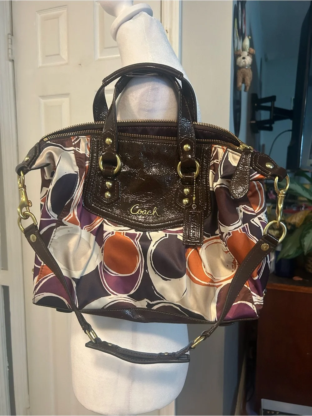 Coach Ashley Multicolor Scarf Print Satchel Shoulder Bag with Brown Leather Trim